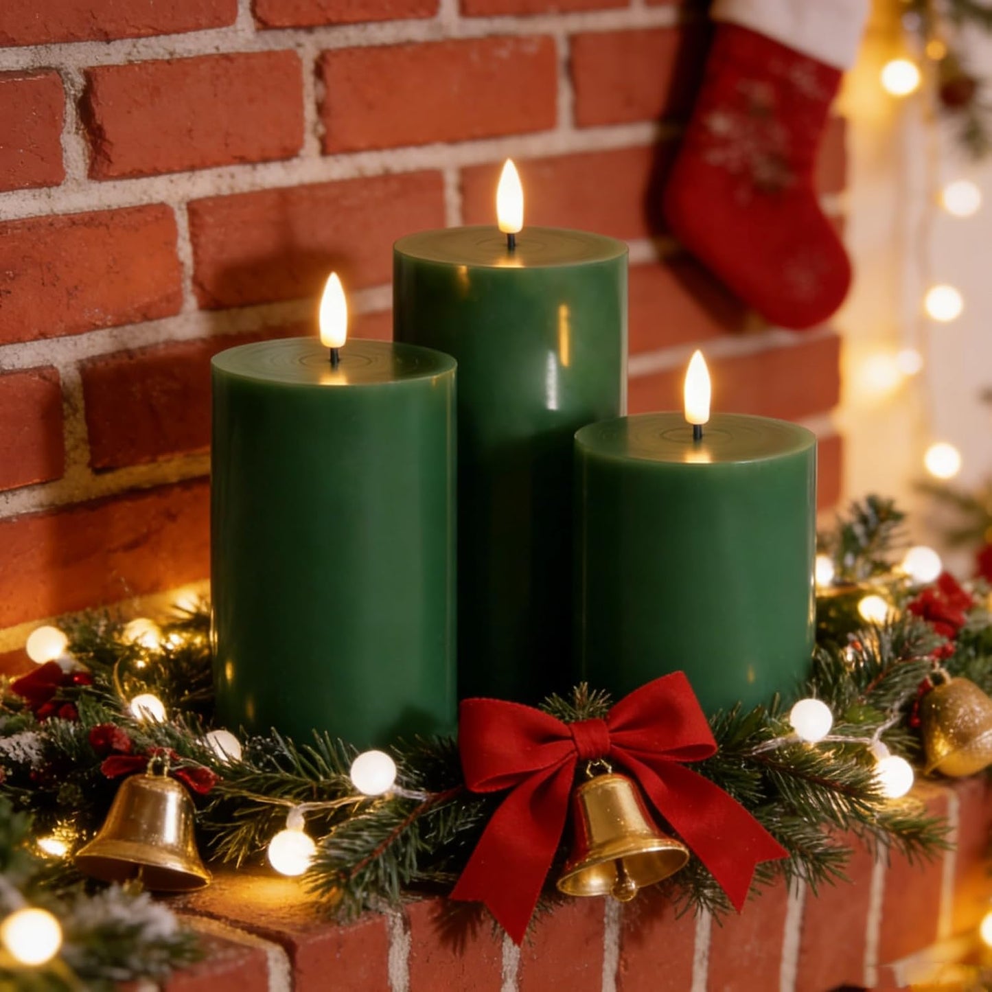 Dark Green Flameless Pillar Candles with Remote Set of 3 | Flickering LED Wax Candles, Flat Top, 2 AA Battery Power