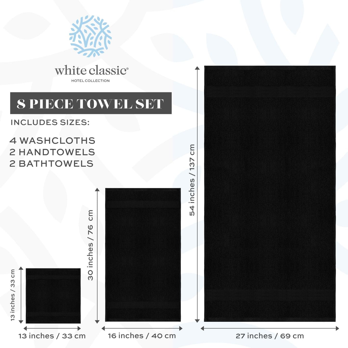 White Classic Luxury Bath Towel Set of 8 Pieces - 100% Turkish Cotton Highly Absorbent Towels for Bathroom, 2 Luxury