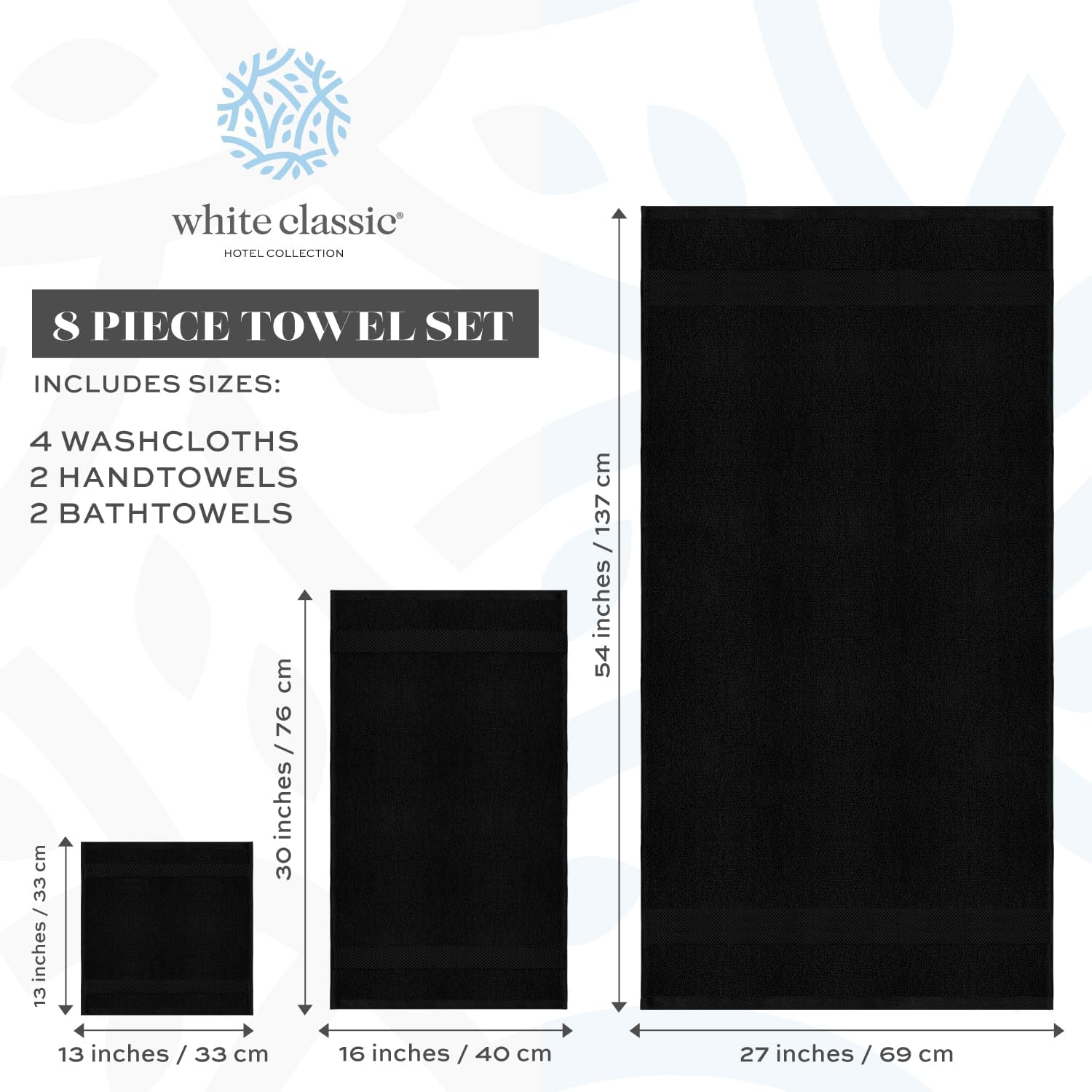 White Classic Luxury Bath Towel Set of 8 Pieces - 100% Turkish Cotton Highly Absorbent Towels for Bathroom, 2 Luxury
