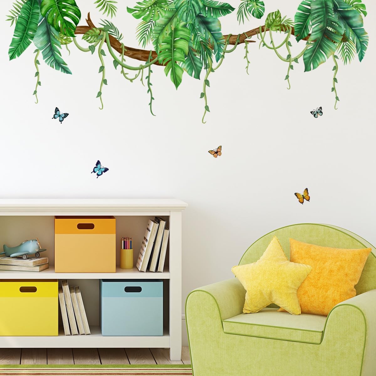 Jungle Wall Decals Tropical Wall Decor Stickers Hanging Vines Palm Leaves Murals Peel / Green