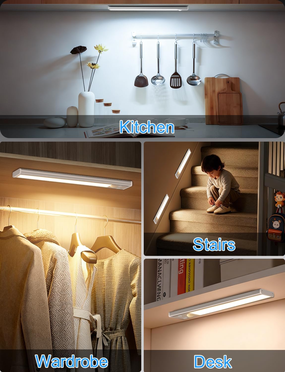 VerRon 3-Pack Under Cabinet Lighting with Charging Station, 14inch | 2000mAh Rechargeable, 3 Color Temps, Dimmable