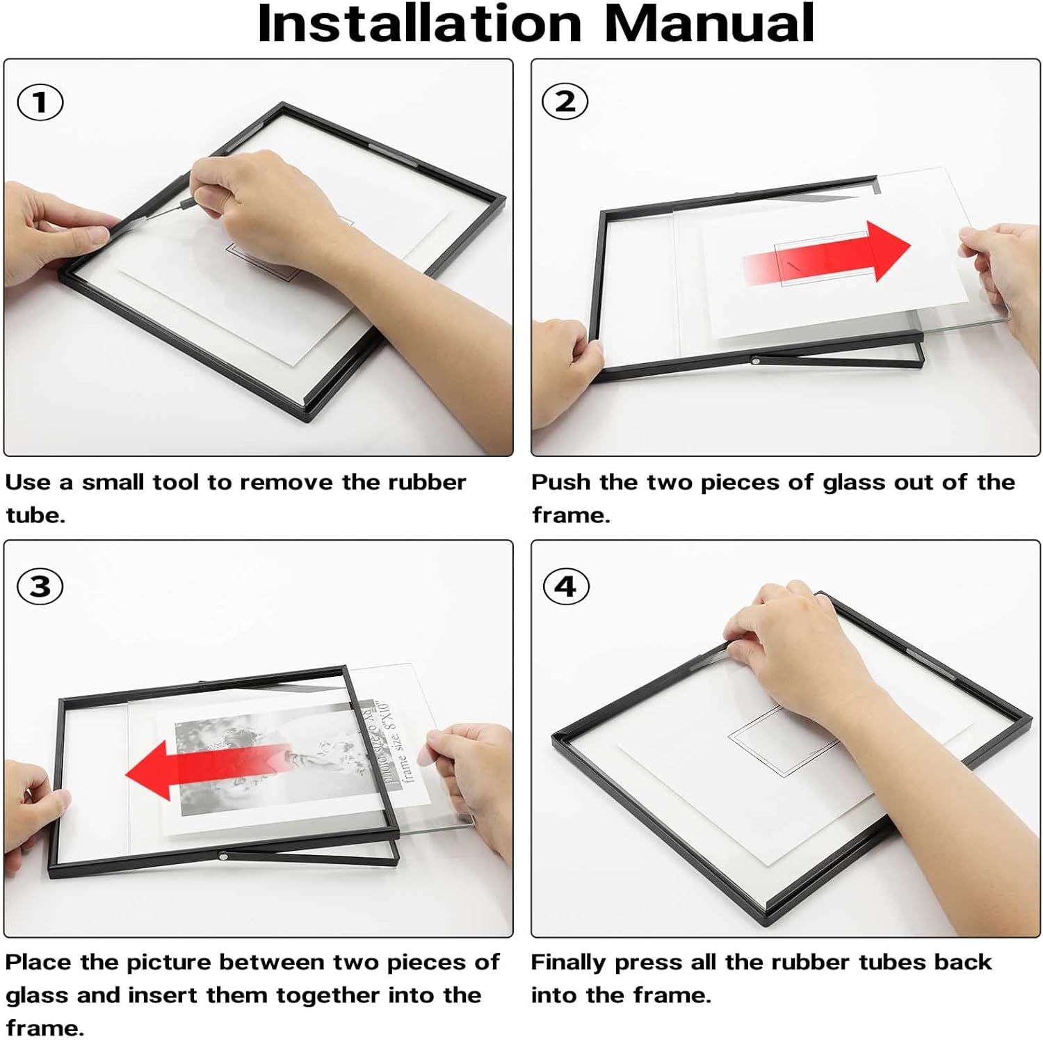 Floating Frames / Double Glass Desktop Picture Frames / Black / 8 x 10 / Set of 2