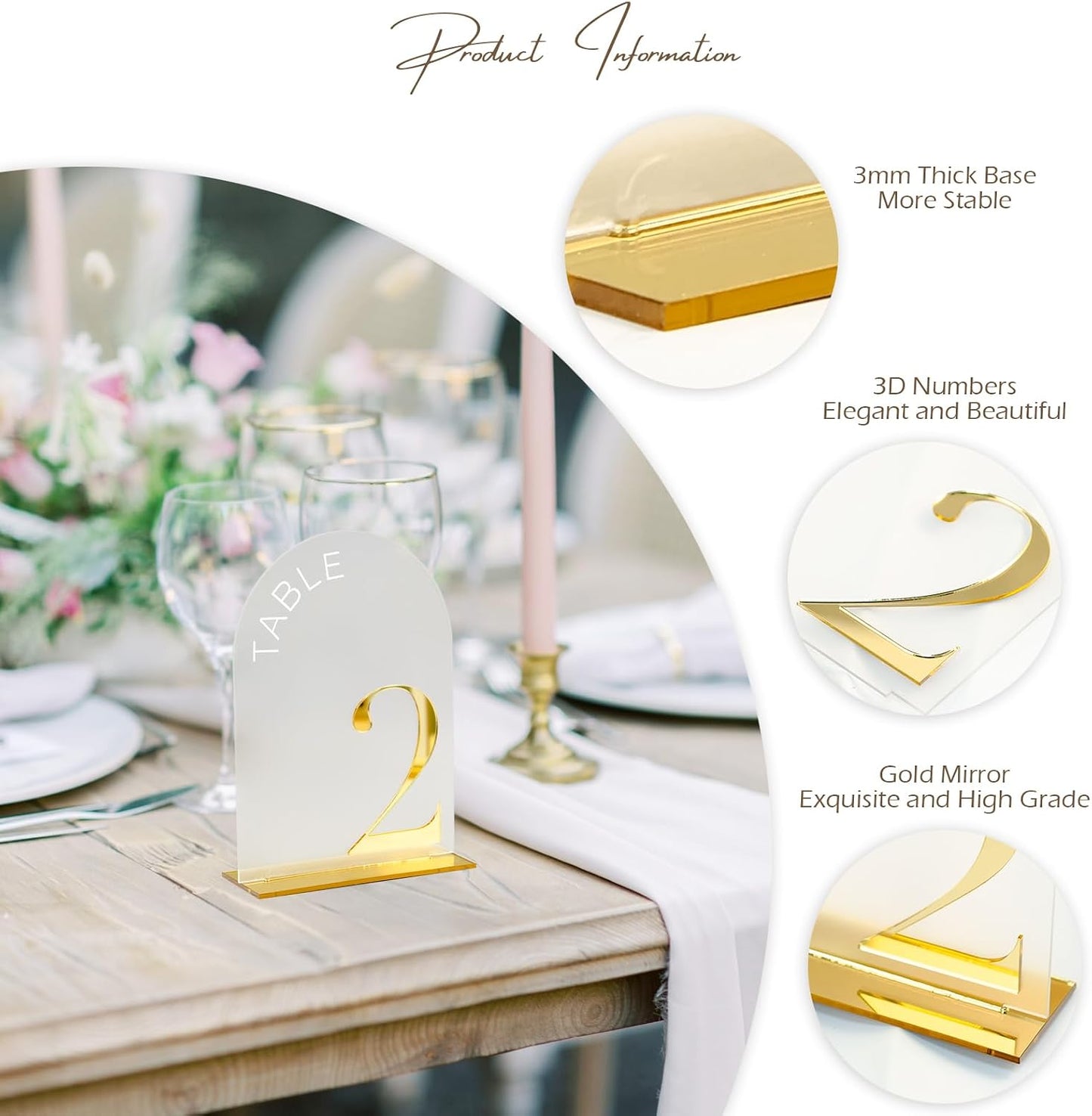 Frosted Arch Wedding Table Numbers 1-15, Gold Numbers and Stands | 15 Pack 5x7 Inch Frosted Arch Acrylic Sign with