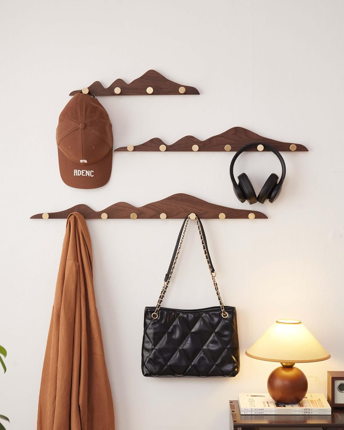 Wooden Coat Rack / 4 Hooks / Gold