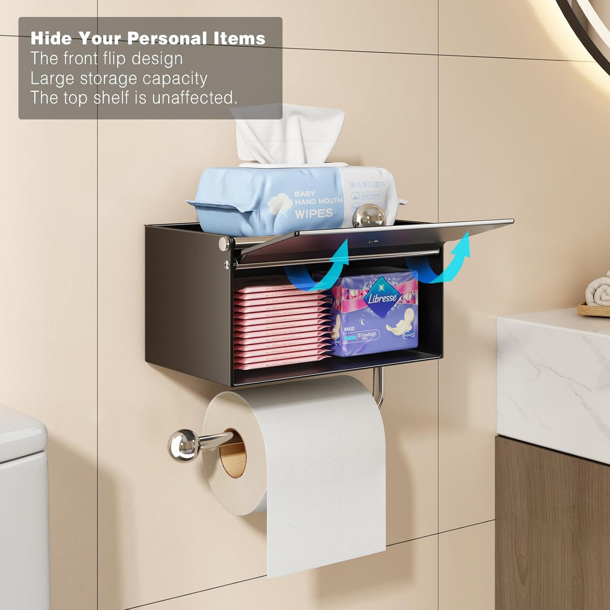 Voldra Toilet Paper Holder with Shelf, Flushable Wipes Dispenser for Bathroom, Adhesive Toilet Paper Roll Holder with