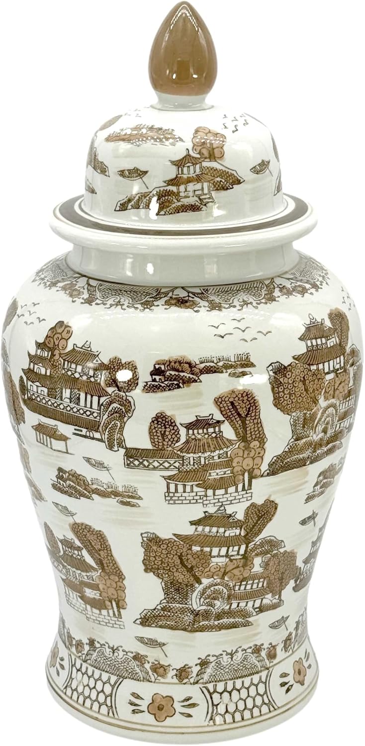 Large 25" Brown & White Landscape Chinoiserie Ceramic Temple Jar w/Lid / Brown & White Landscape