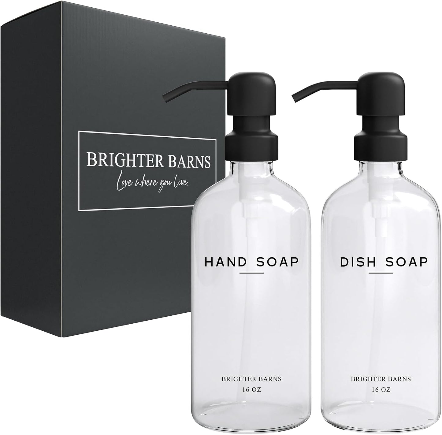 Clear Glass Hand and Dish Soap Dispenser Set by Brighter Barns - Kitchen Soap Dispenser Set & Pump - Glass Bottles for