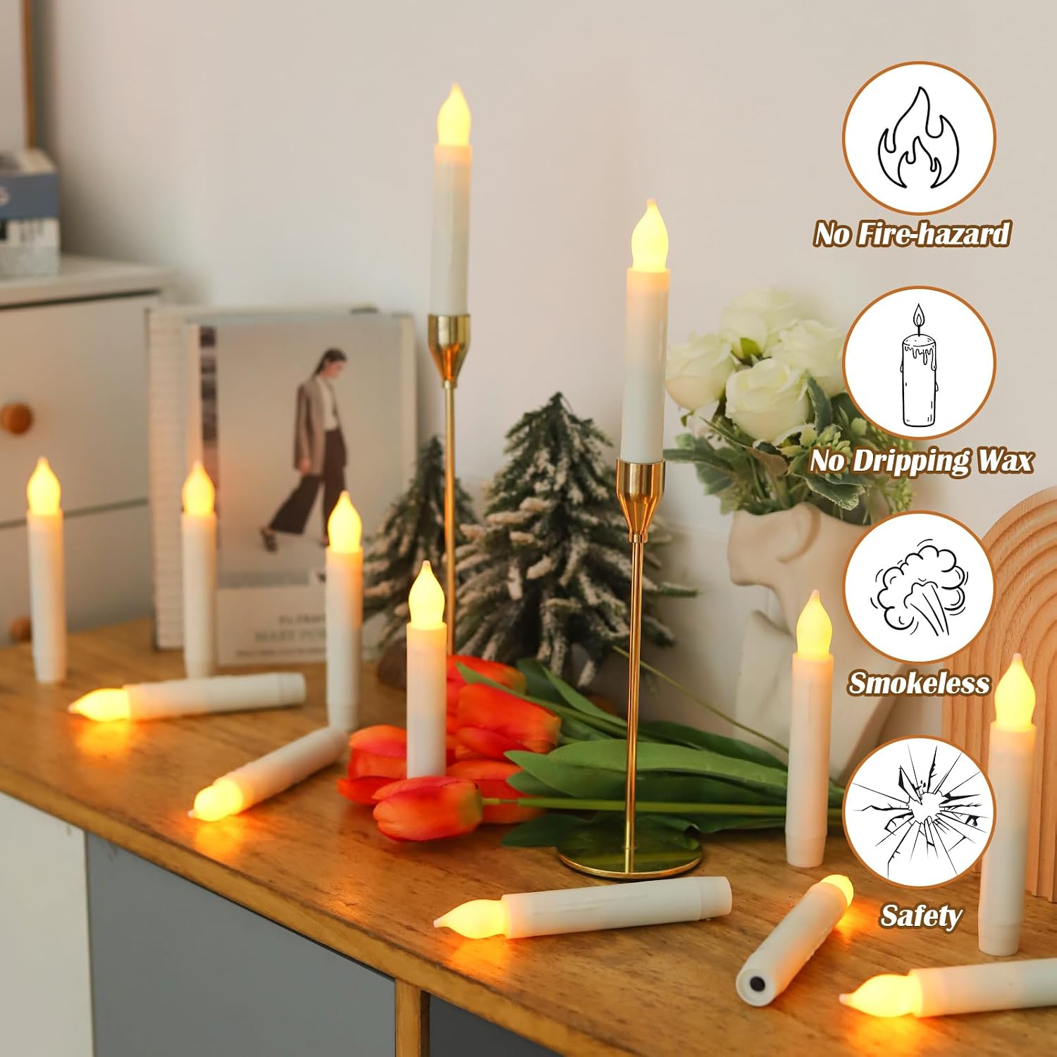 Lezonic Flameless Battery Operated Candlesticks Flickering, 24Pcs White LED Battery Christmas Window Candles, 6 Inch