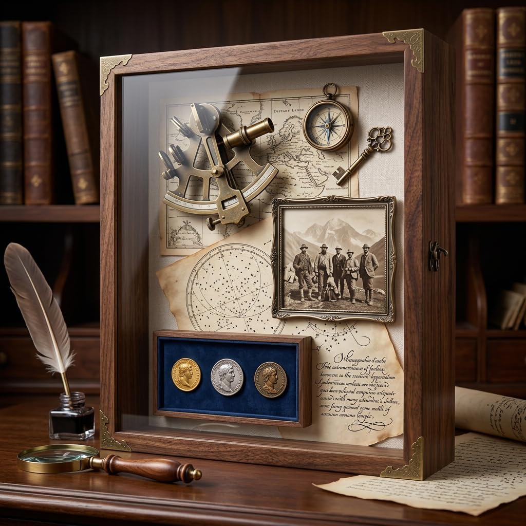 Shadow Box Frame 13x16, Large Memory Display Case with Retro Metal Corner Accents, Carbonized Wood Frame, Linen Back