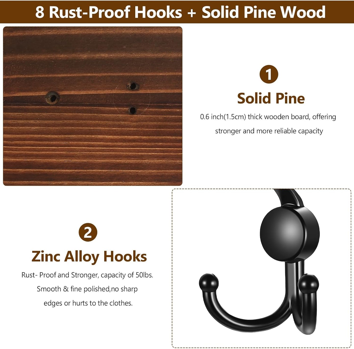 31.5" Large Coat Rack Wall Mount Coat Hooks with 8 Black Metal Triple Hooks, 1.4cm Thick Solid Pine Wood Wall Hooks for