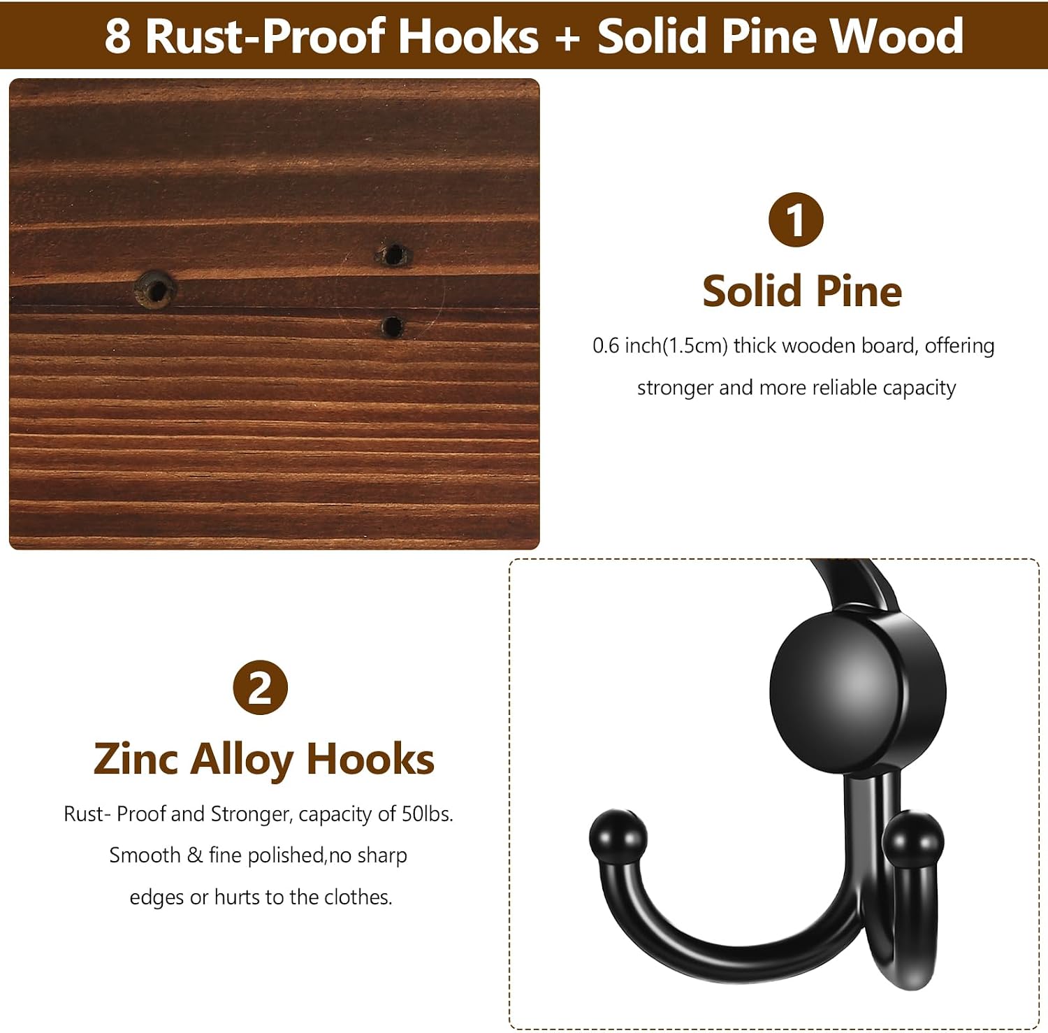 31.5" Large Coat Rack Wall Mount Coat Hooks with 8 Black Metal Triple Hooks, 1.4cm Thick Solid Pine Wood Wall Hooks for