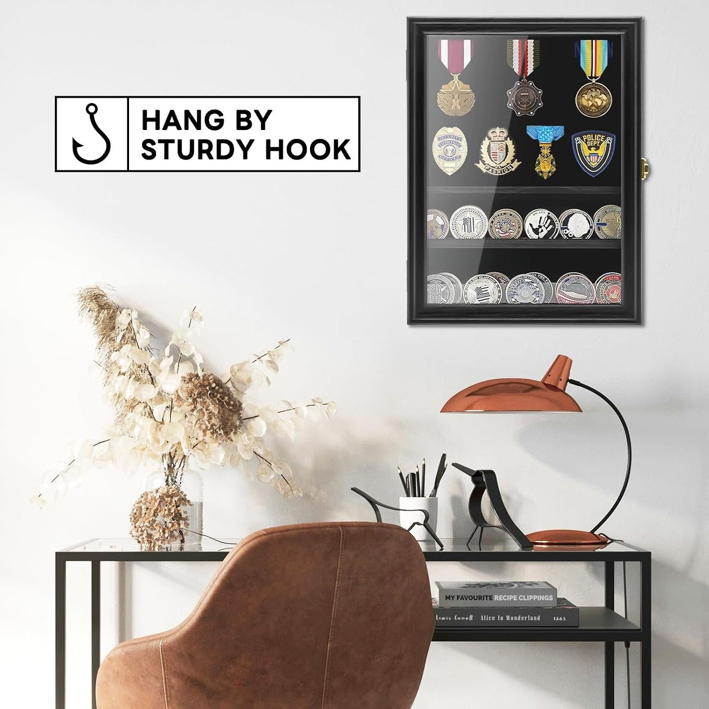 Military Challenge Coin Display Shadow Box Holds Up to 70 Coins, Lockable Wall-Mounted Cabinet for Medals, Pins