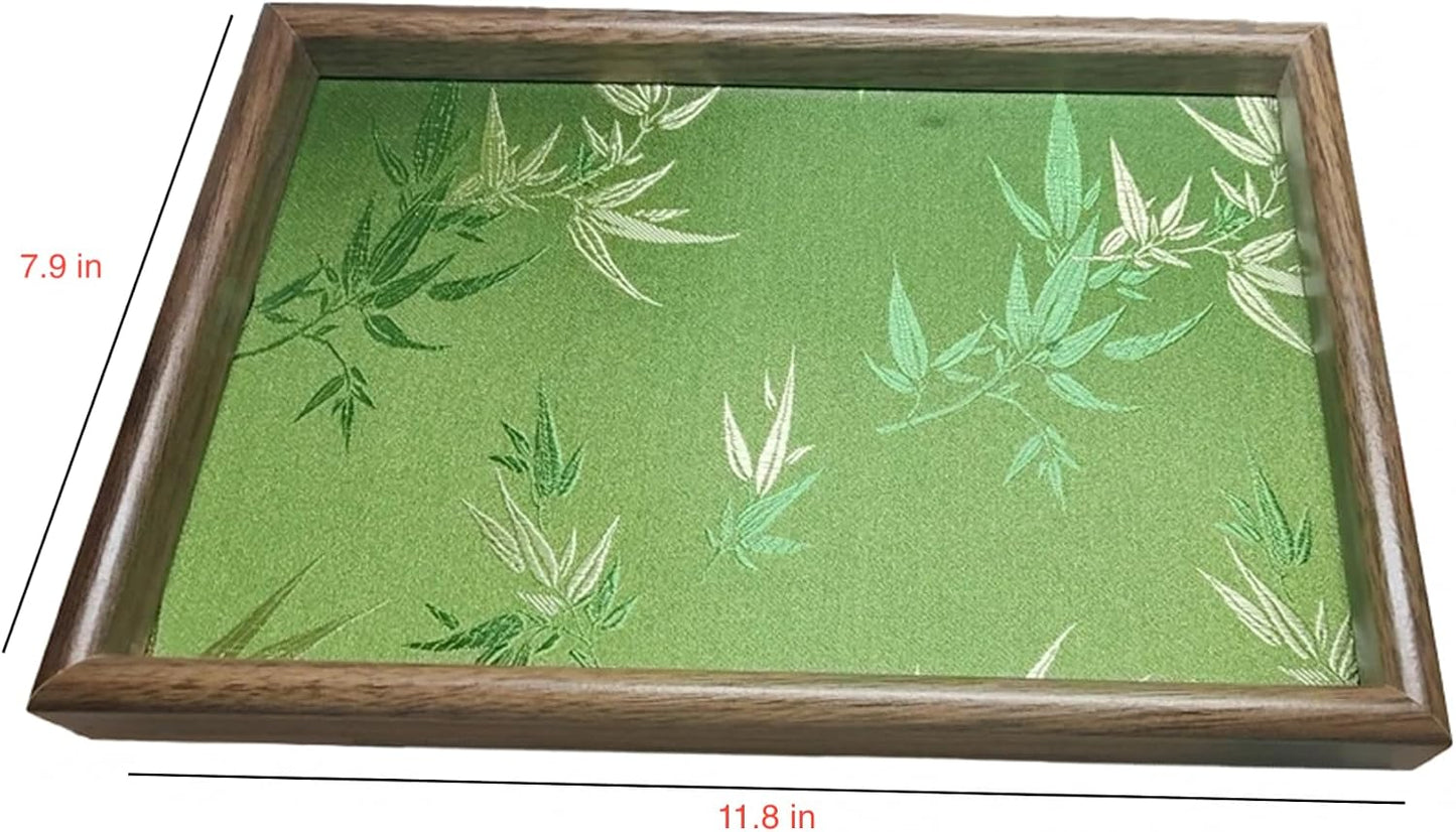 Bamboo Embroidered Decorative Tray Wooden Catchall Tray for Dresser / Green
