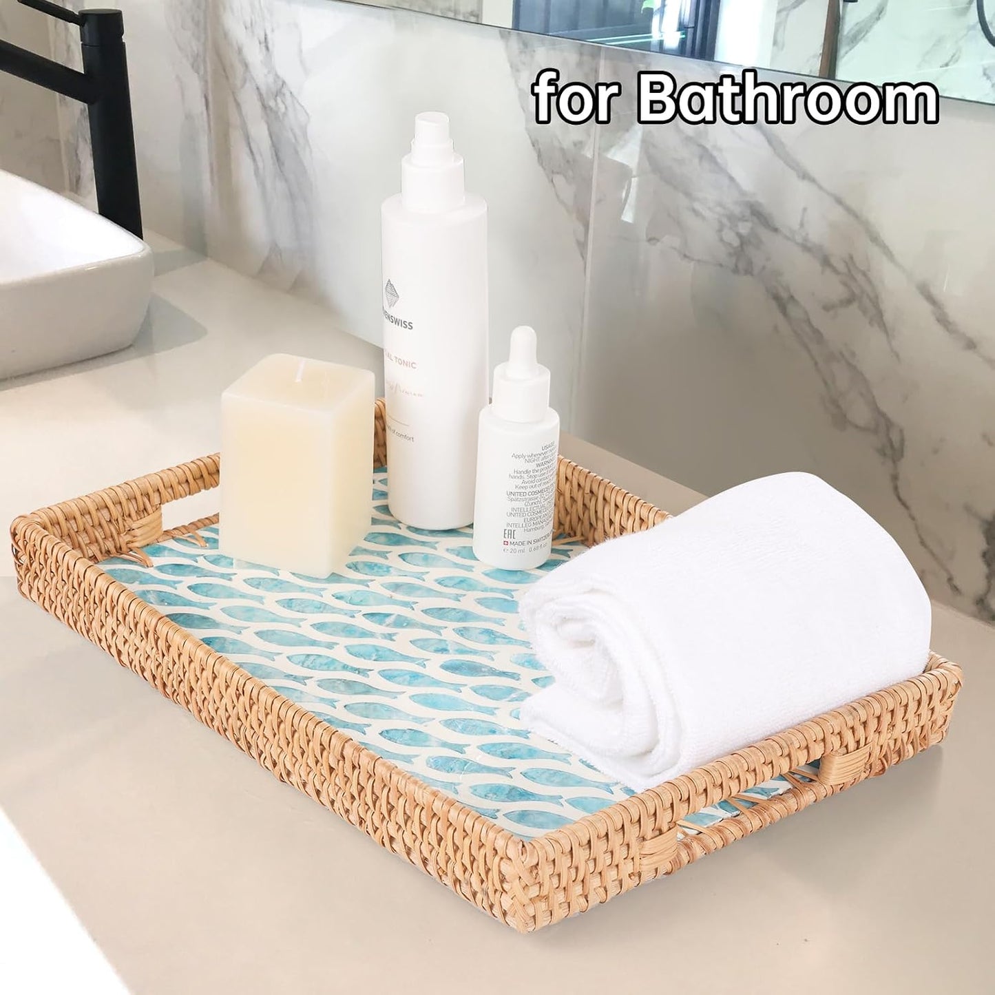 Rattan Serving Tray / Turquoise Fish