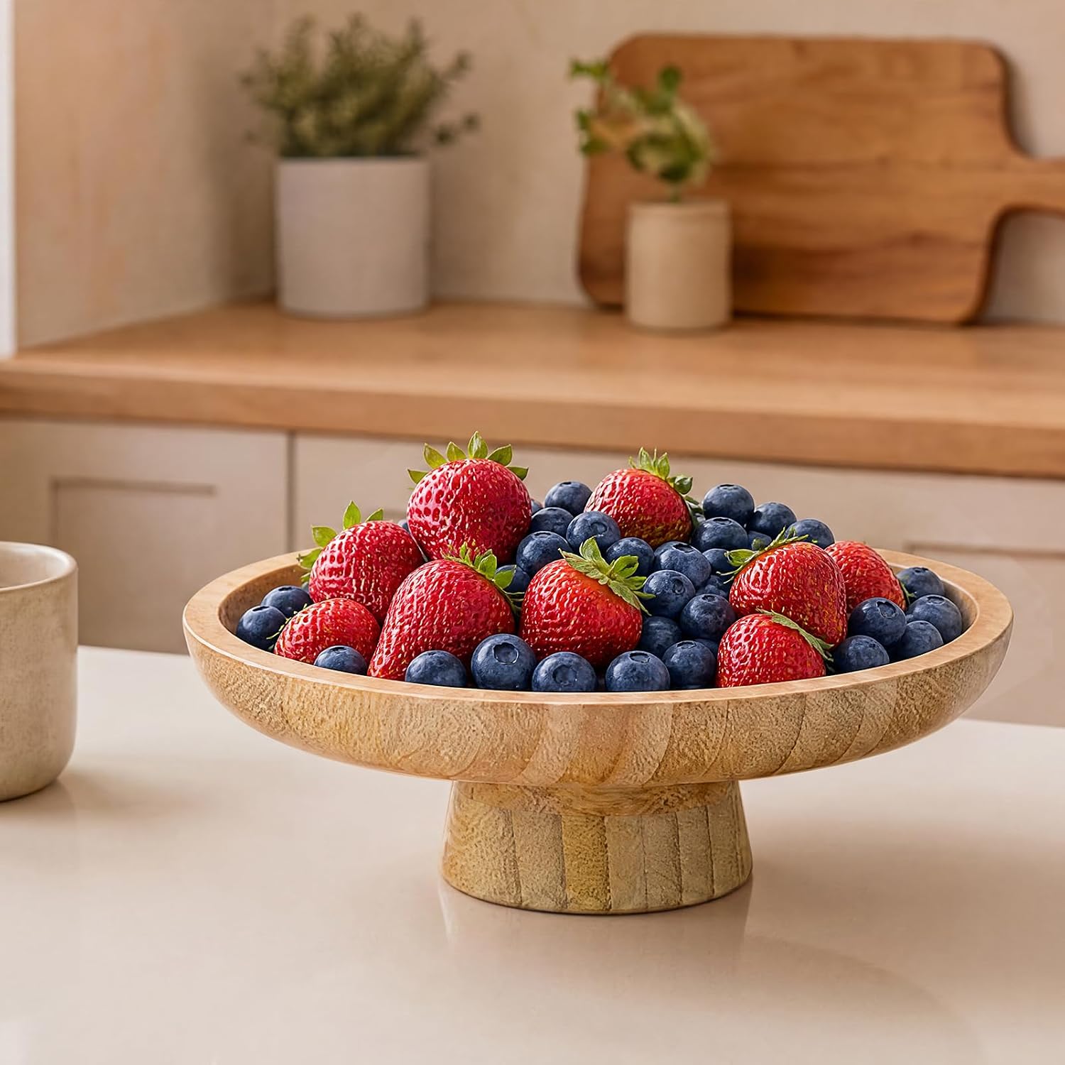Key Bowl for Entryway Table Wooden Fruit Bowl Small Pedestal Bowls / 7.9 Inches / Natural Color