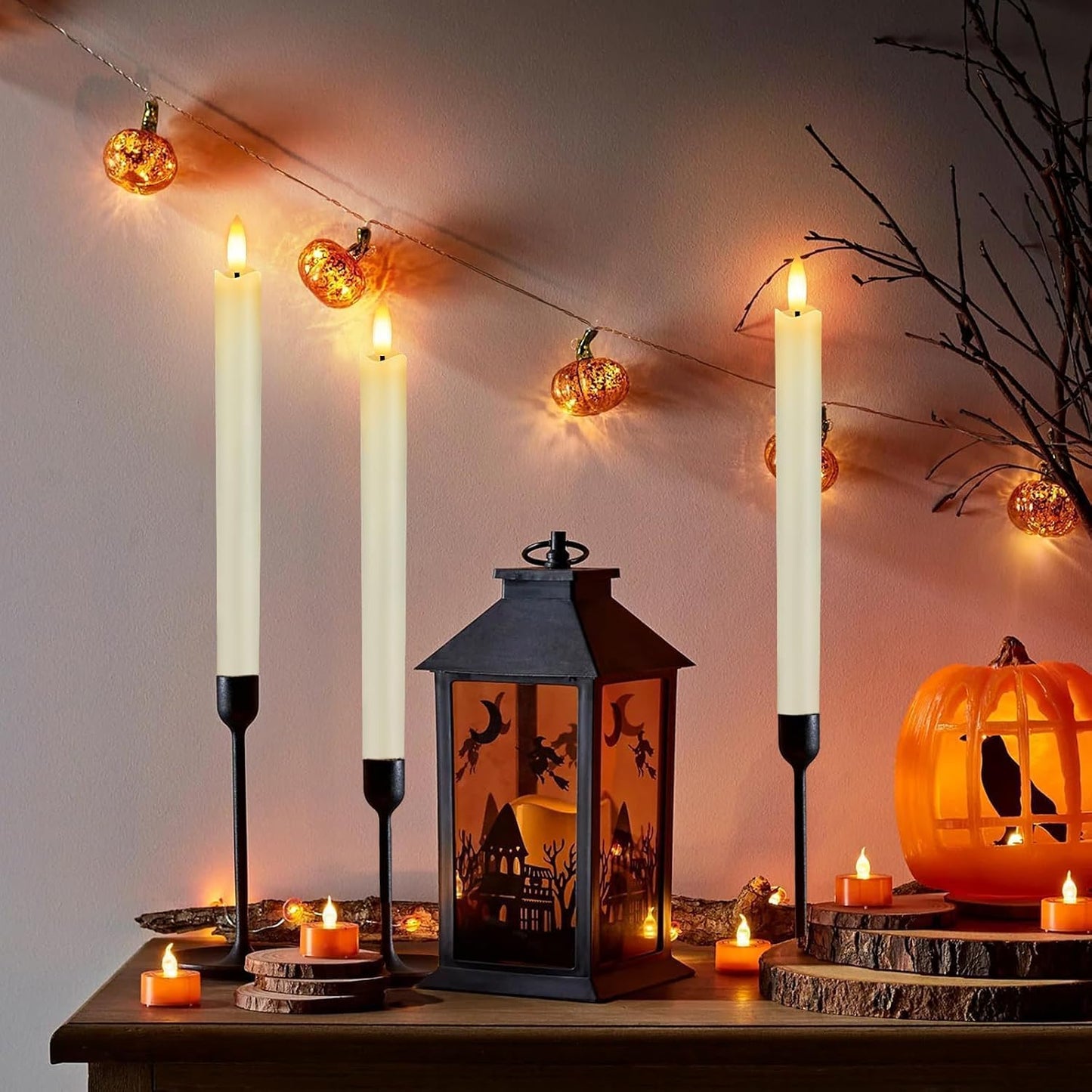 HINZER 6Pcs Flameless Taper Candles with Remote, Halloween Home Decor | Battery Operated Candles Flickering 9.6 inch