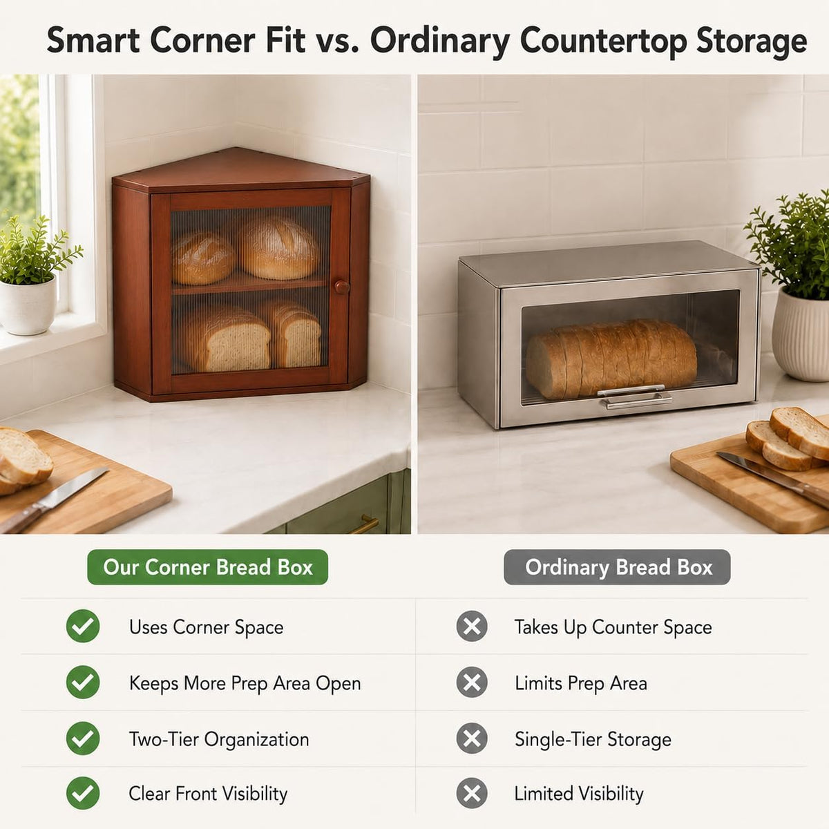 BAMBANG Corner Bread Box for Kitchen Countertop, Large Capacity Bamboo Wood Bread Storage Container, 2 Tier Farmhouse