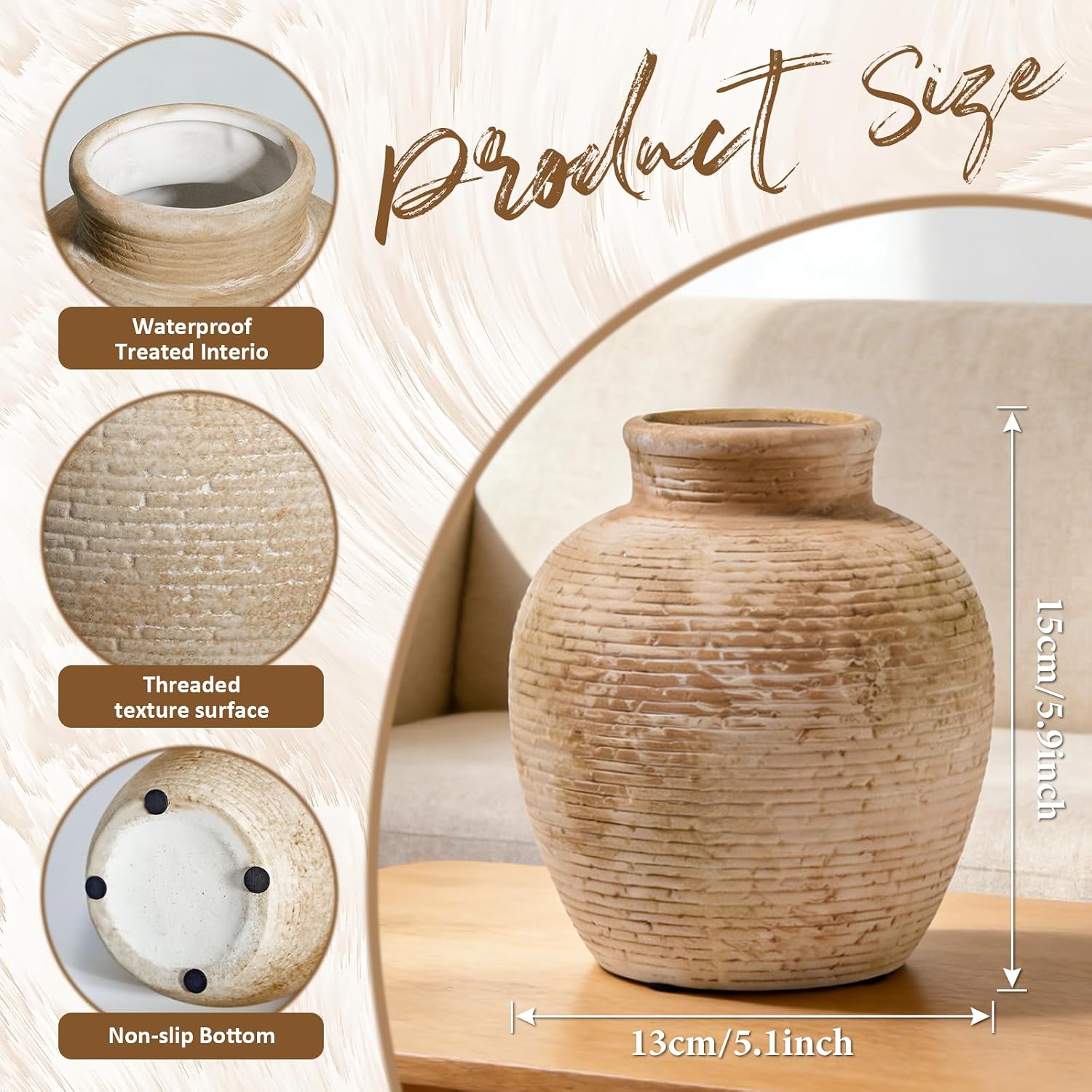 6- Ceramic Flower Vase Home Decor / Brown