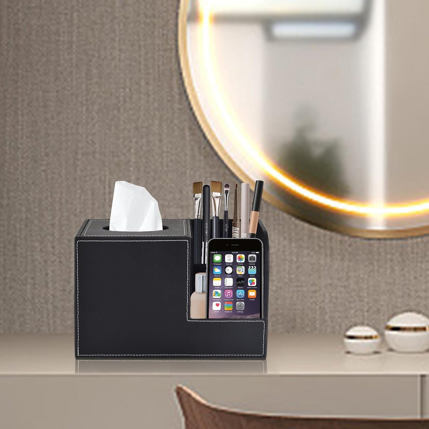 PU Leather Tissue Box Cover with Storage Square-Multifunctional Tissue Holder,Remote Control Holder,Decorative Tissues