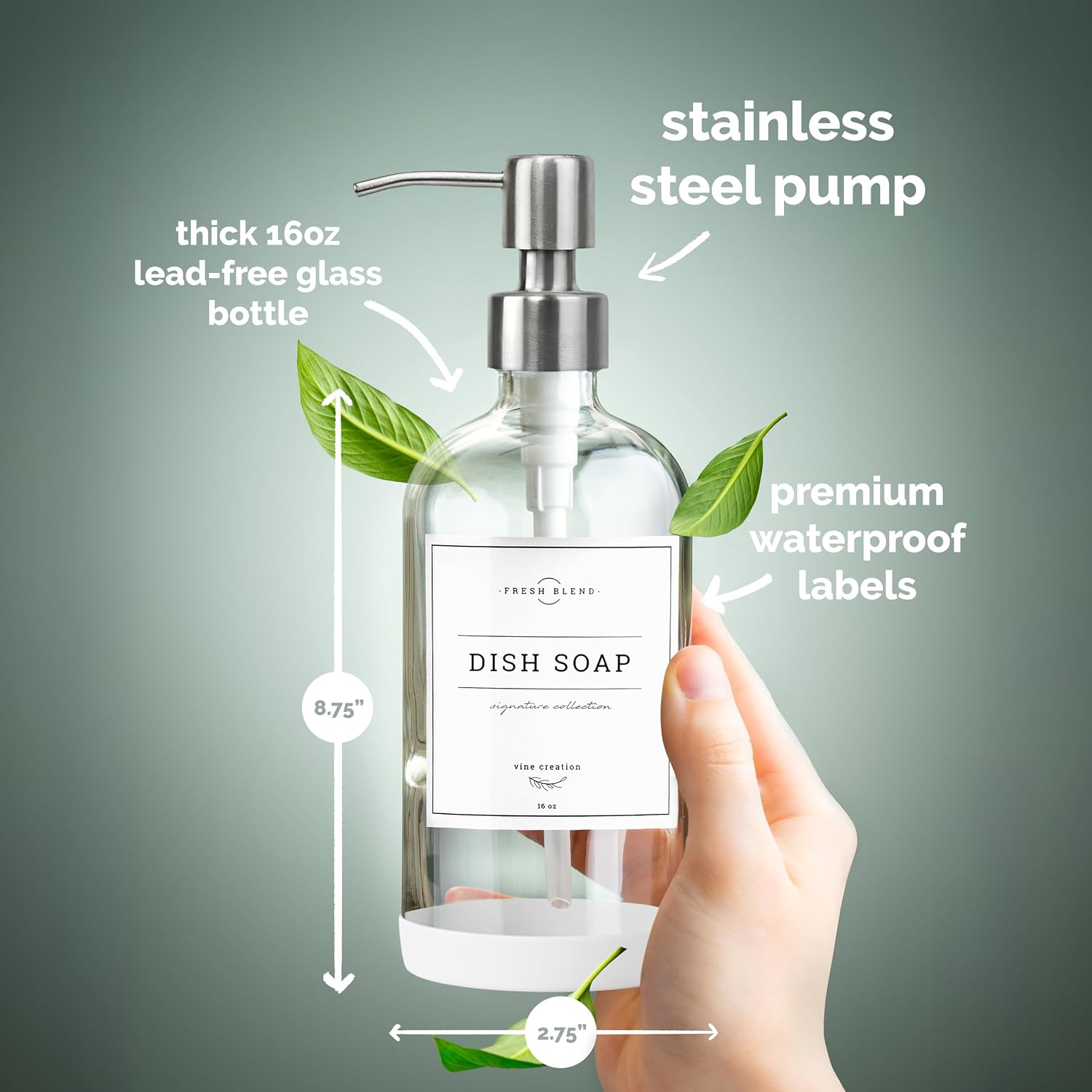 Vine Creations Clear Glass Soap Dispenser, 2 Pack Kitchen Soap Dispenser Set with Stainless Steel Pump, 16 oz Hand Soap