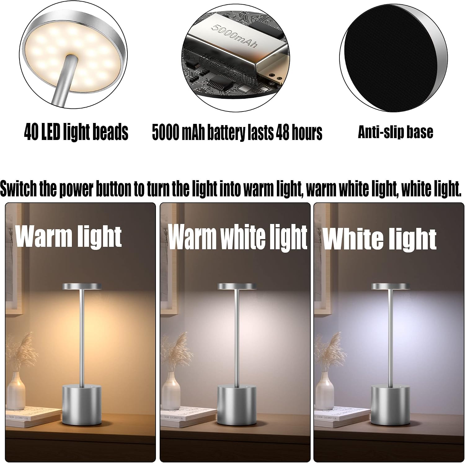 2Pack Cordless Rechargeable LED Restaurants Outdoor Table Lamp | Battery 5000mAh Metal USB Portable Powered Desk Lamp
