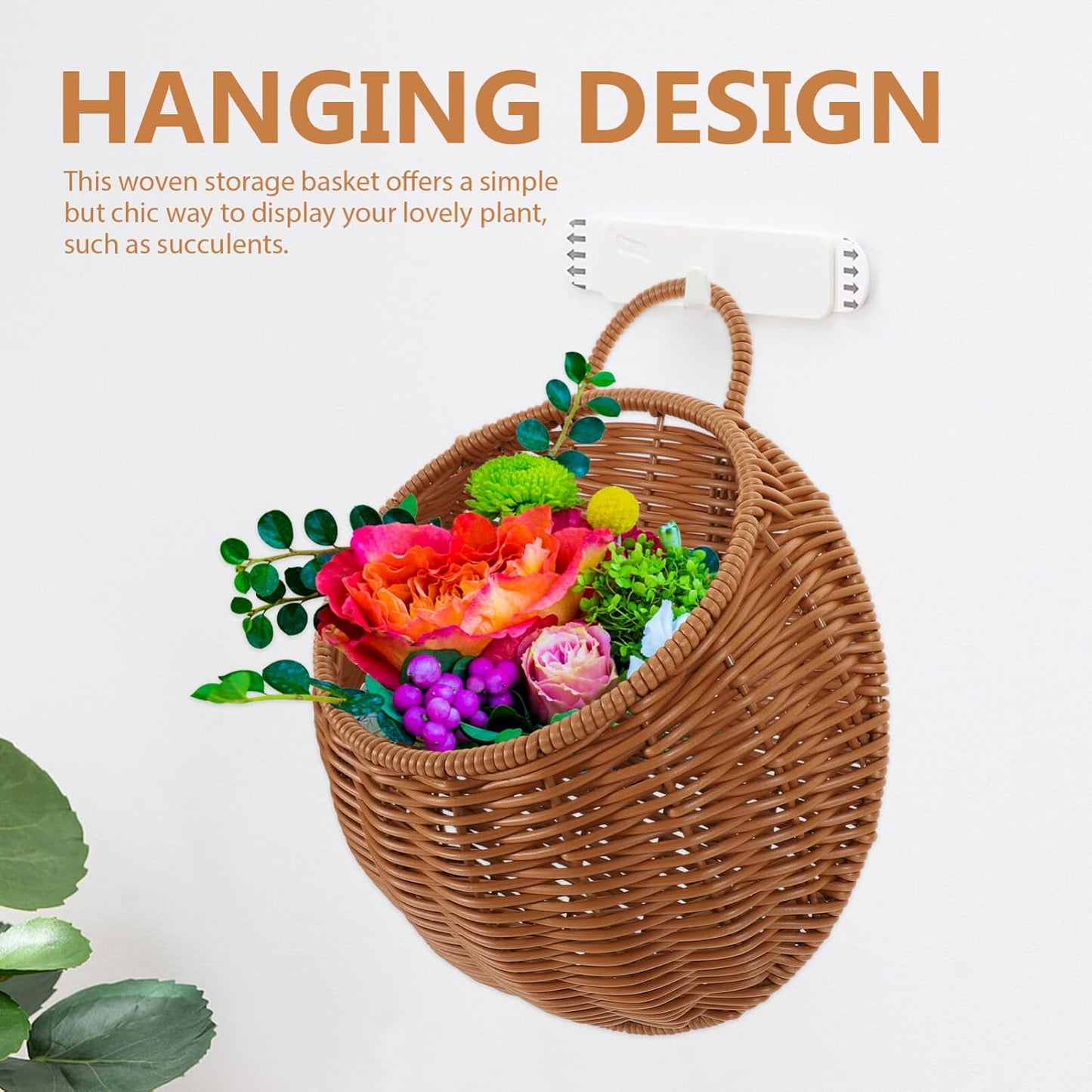 Wall Hanging Flower Basket Lightweight Woven Rattan Plant Holder / 10.62 x 9.25 x 3.93
