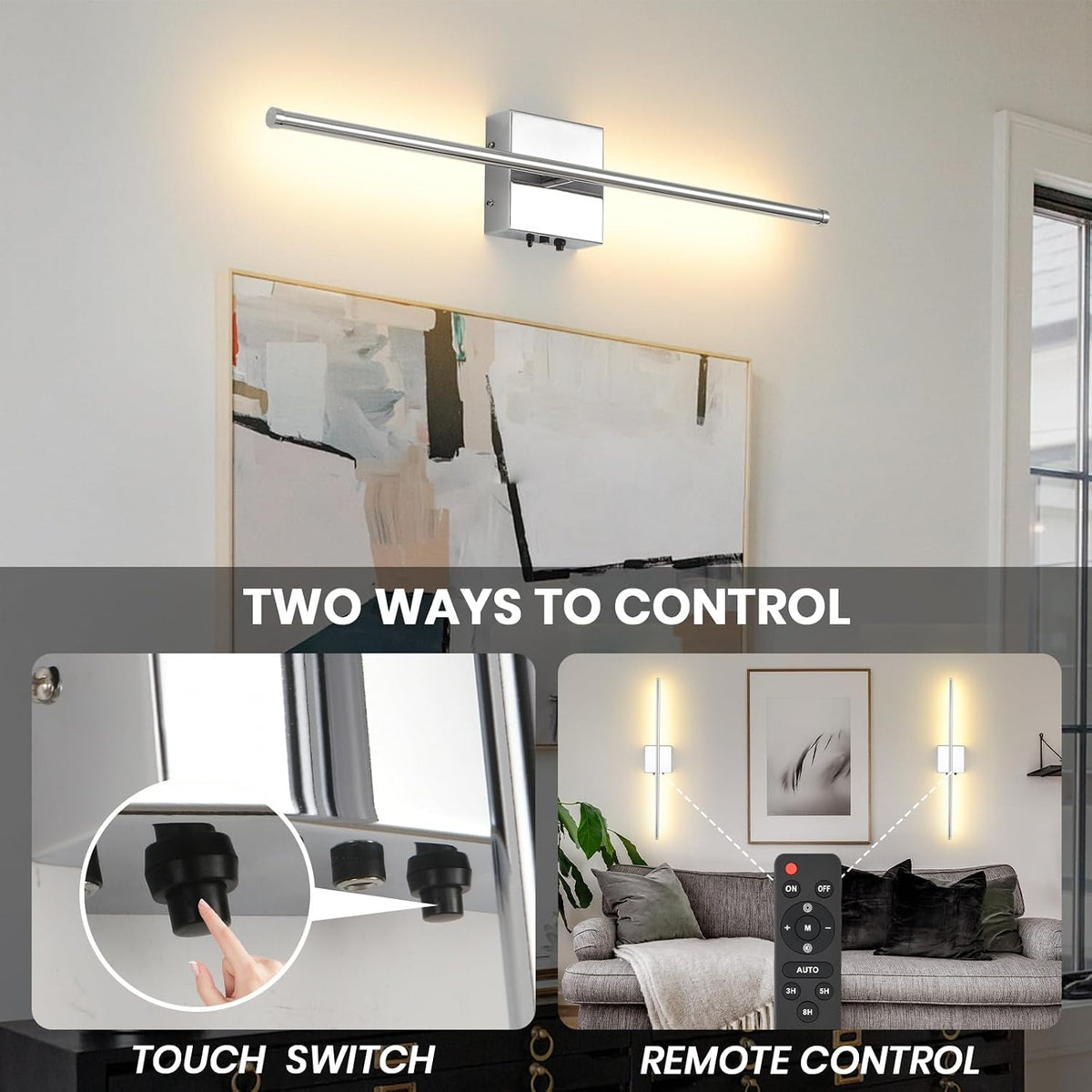 LED Wireless Battery Operated Wall Sconces, 11000mAh Rechargeable Chrome Wall Lights with Remote Control, 350°Rotate