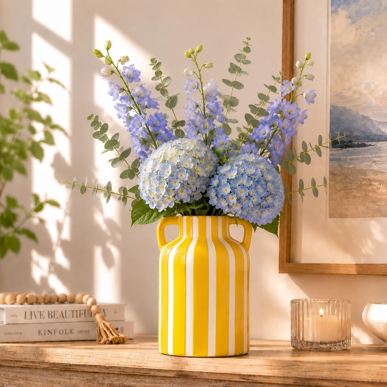 Yellow Ceramic Vase / Yellow and White