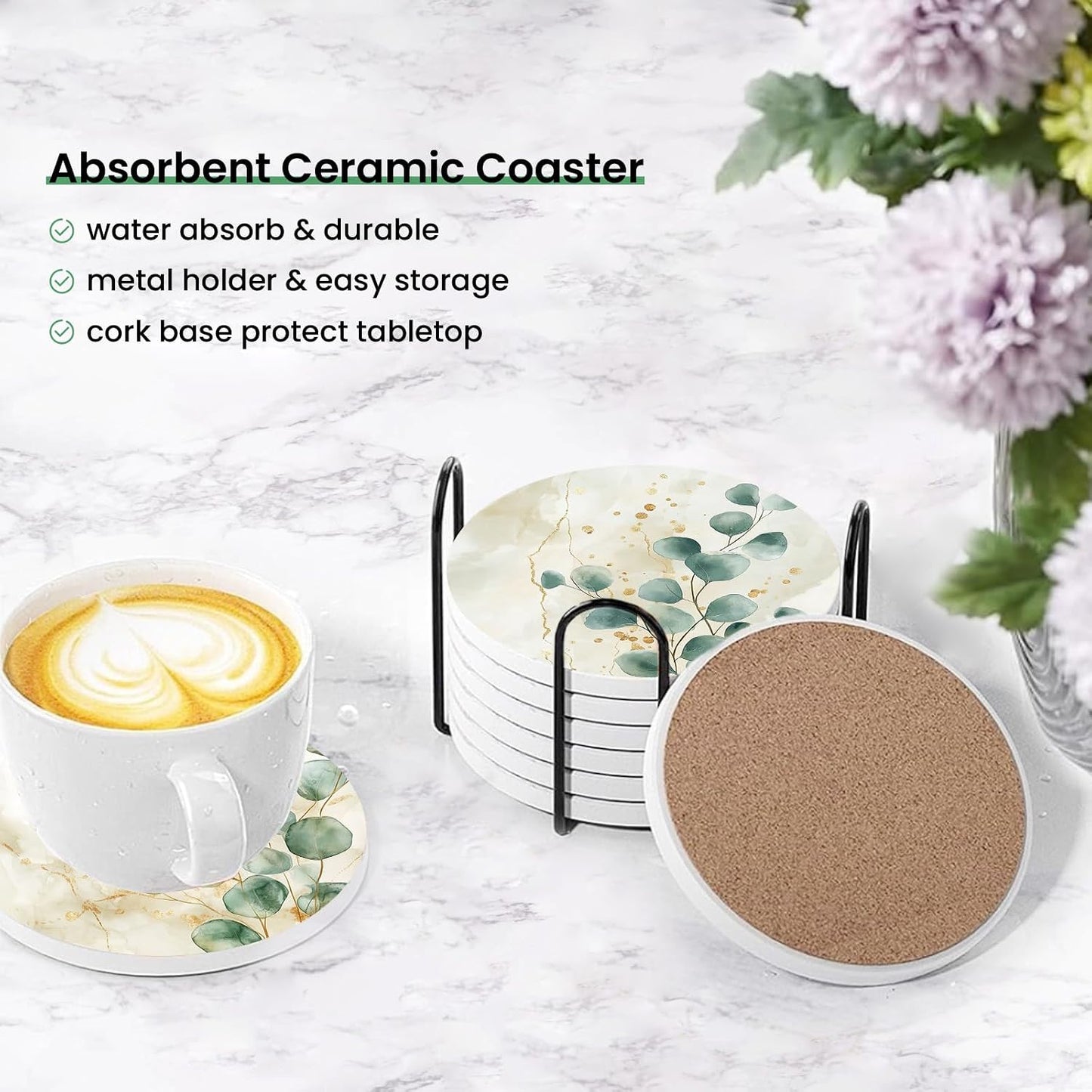 Round Absorbent Ceramic Stone Coaster / Eucalyptus Green Leaves Beige Marble / Set of 6