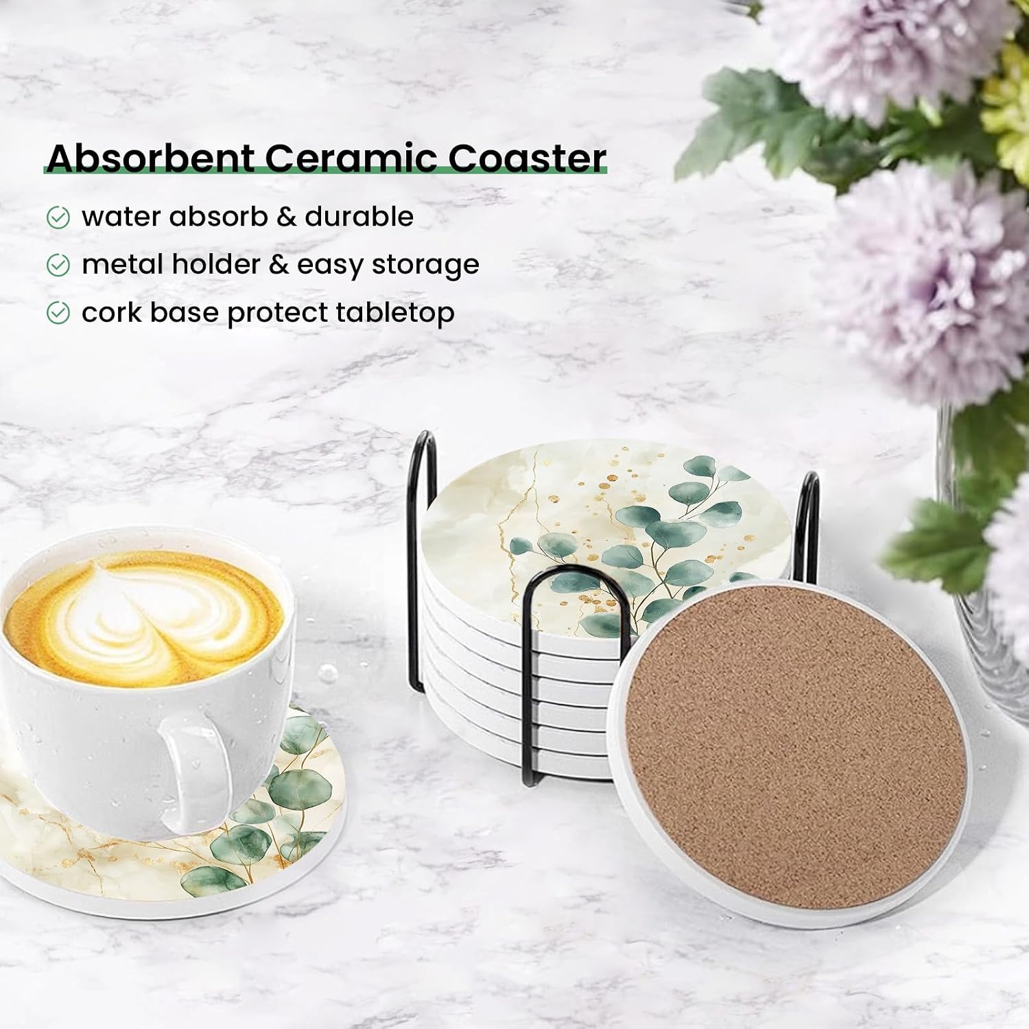 Round Absorbent Ceramic Stone Coaster / Eucalyptus Green Leaves Beige Marble / Set of 6