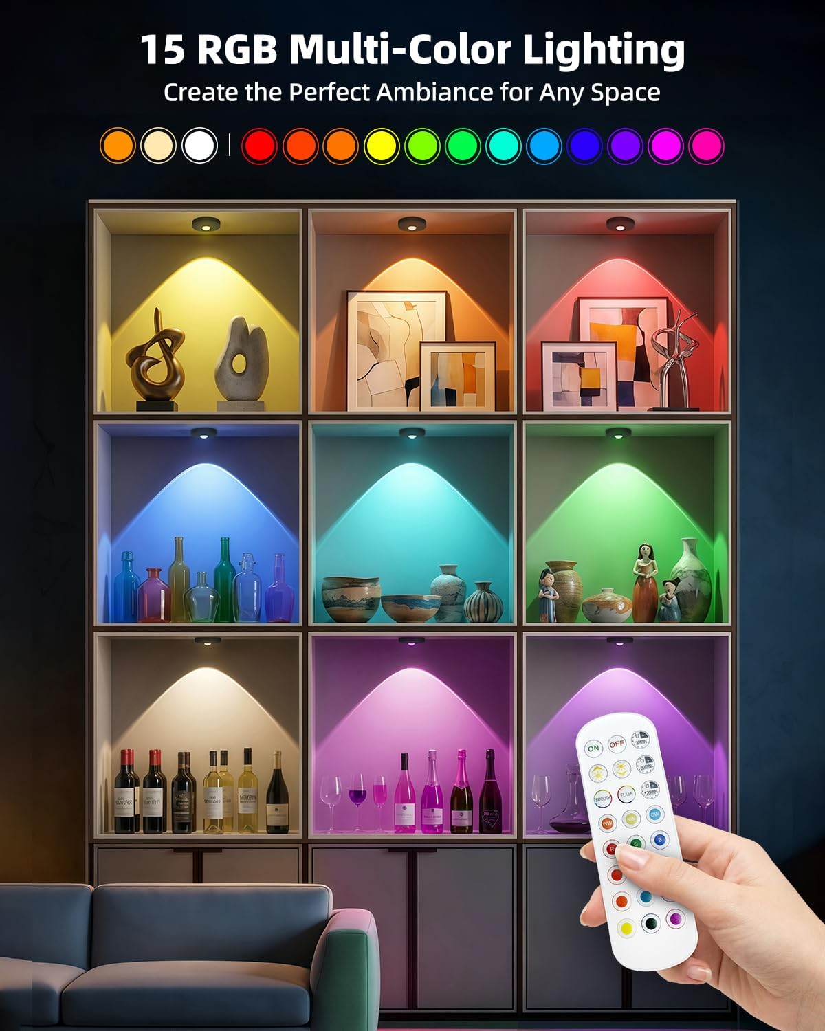 RGB Rechargeable Puck Lights with Remote Control, 1500mAh Battery Operated Tap Lights, Dimmer & Timer Under Cabinet