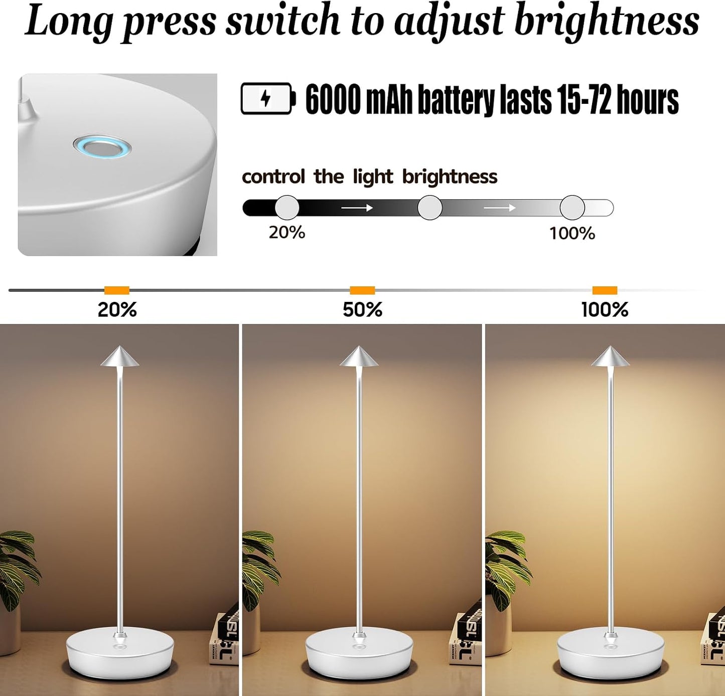 2Pack Rechargeable Cordless Table Lamp, Portable Powered LED Battery 6000mAh Metal USB Desk Lamp, 3 Levels Brightness