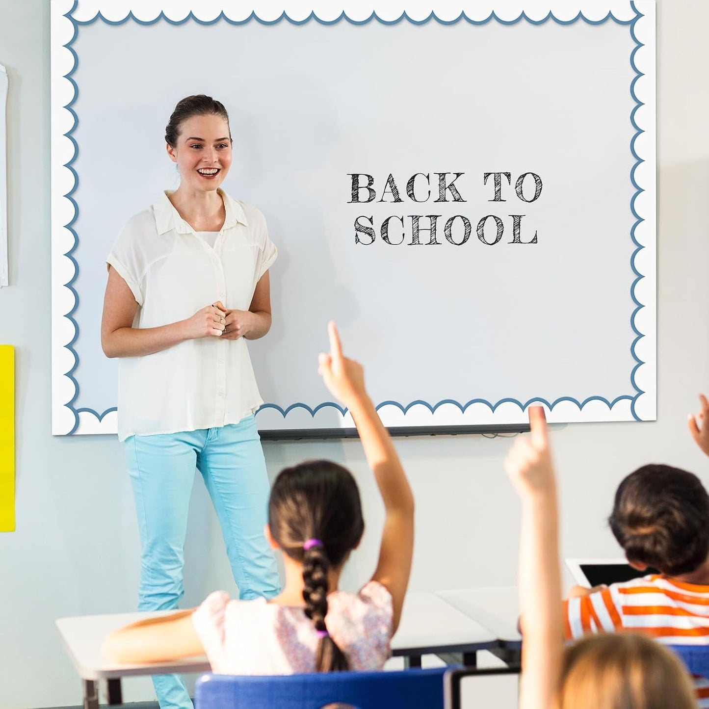 Bulletin Board Borders Wave Line Scalloped Board Borders Classroom / Stone Blue and White / 65 Inch
