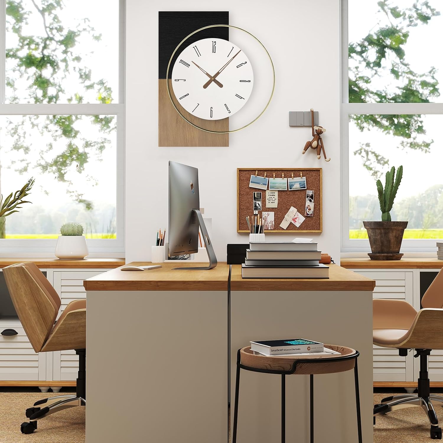 19x16 Inch Modern Silent Wall Clock Battery Operated | Non-Ticking Quiet Design Wooden Farmhouse Decorative Clocks for