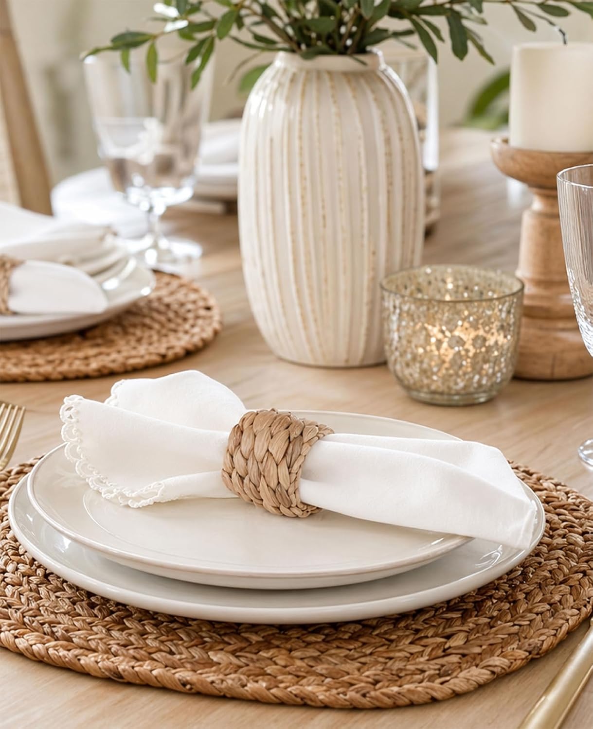 Handwoven Semicircle Water Hyacinth Wicker Napkin Holders for Rustic Boho Farmhouse Table