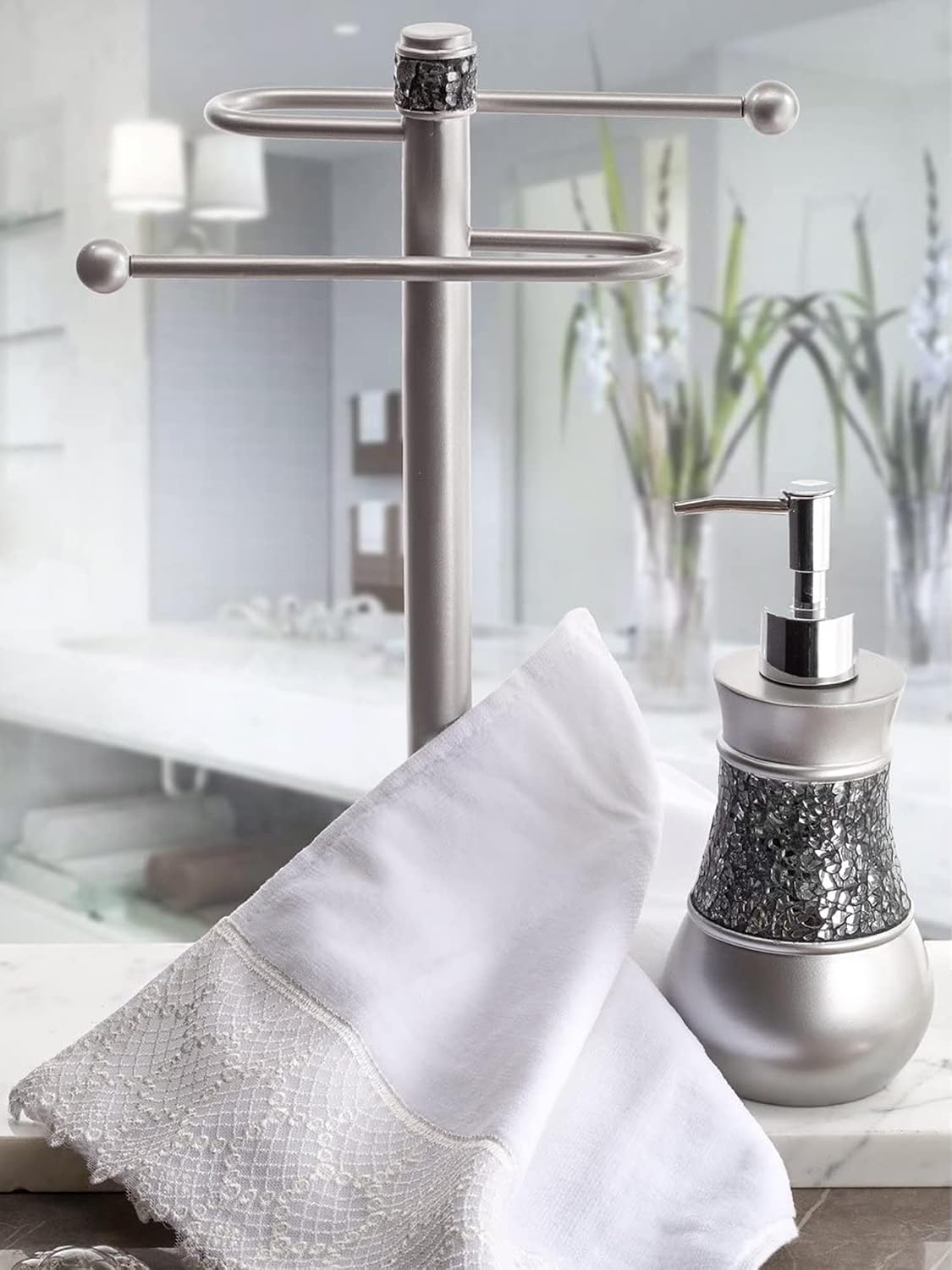 Creative Scents Crackled Glass Silver Hand Soap Dispenser for Bathroom, | Decorative Countertop Lotion Dispenser