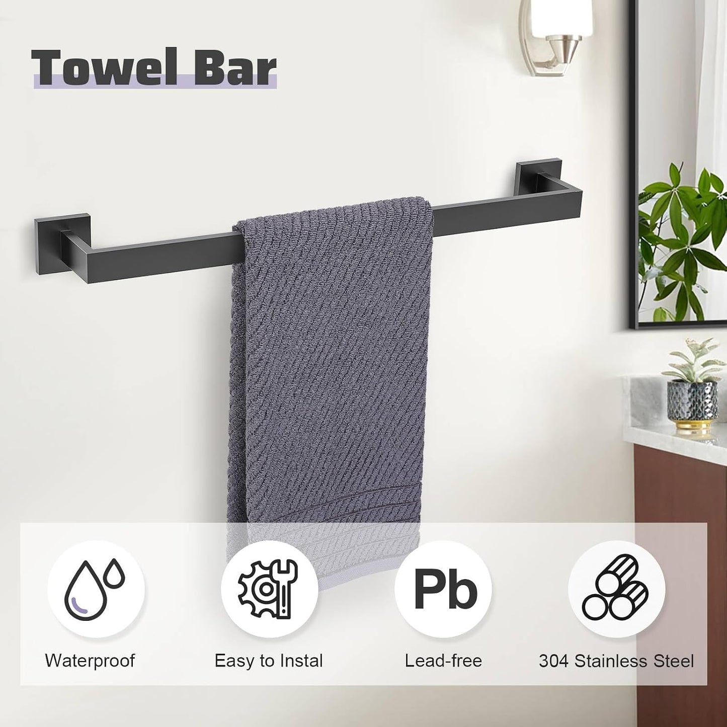 Matte Black Towel Bar Set 5-Piece Bathroom Hardware Accessories Set,23.6 Inch Modern Towel Holder Set SUS304 Stainless