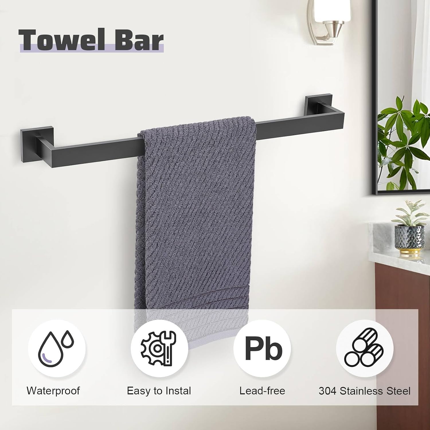 Matte Black Towel Bar Set 5-Piece Bathroom Hardware Accessories Set,23.6 Inch Modern Towel Holder Set SUS304 Stainless
