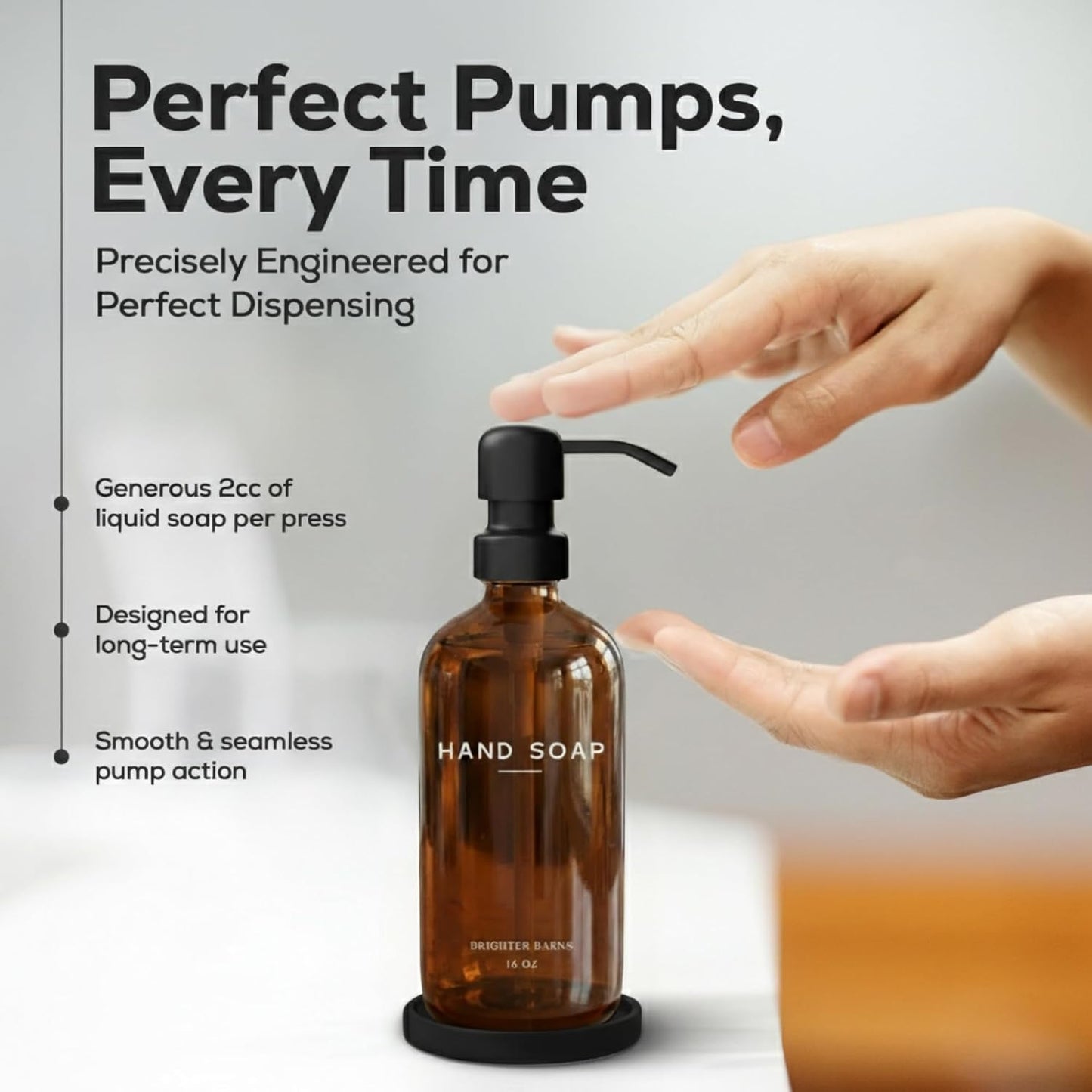 Amber Glass Hand Soap Dispenser Bathroom Set by Brighter Barns - Refillable Liquid Hand Soap Dispenser Tray and Pump