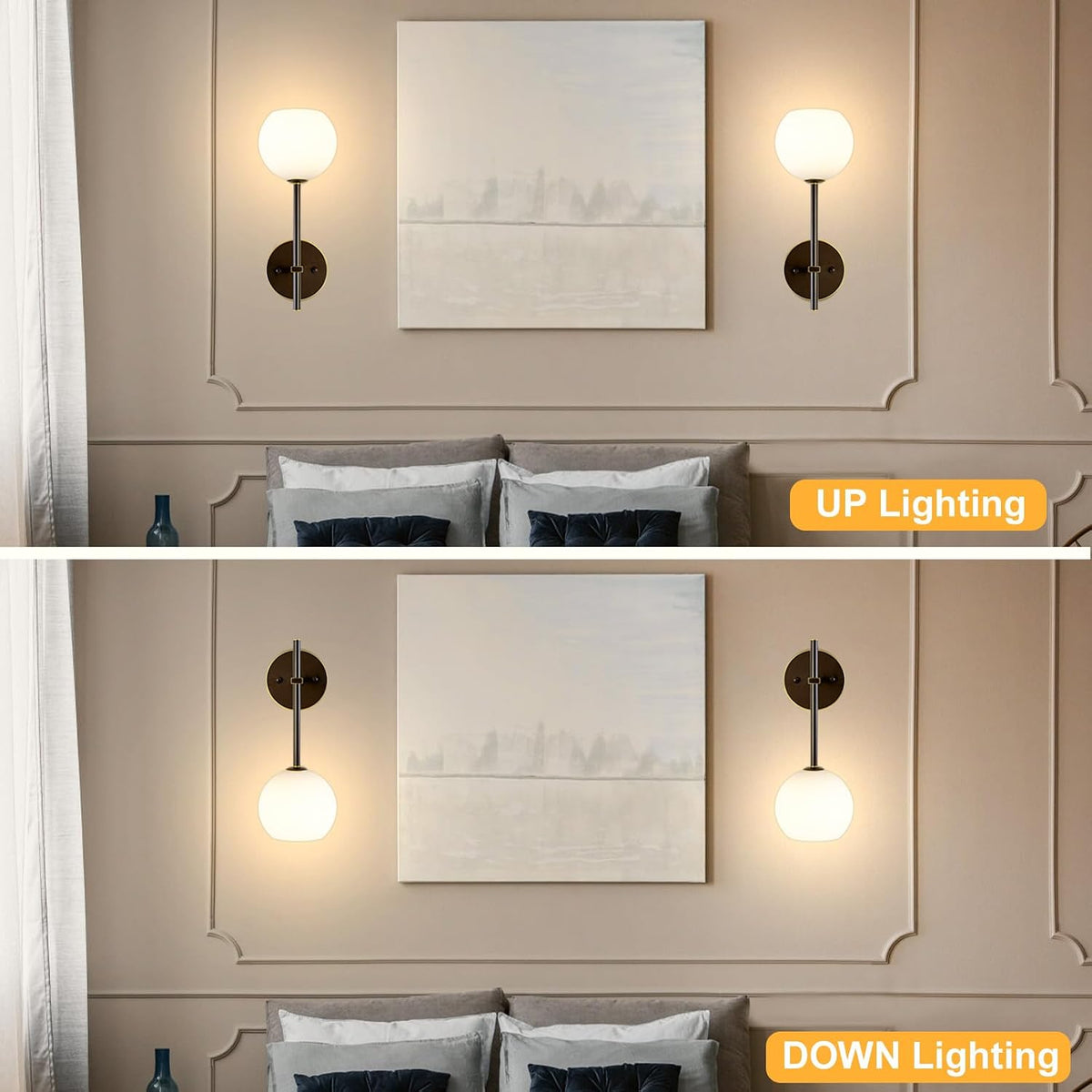 Brown Gold Battery Operated Wall Sconces Set of 2, Rechargeable Wireless Wall Lights with Milky White Frosted Glass, 12