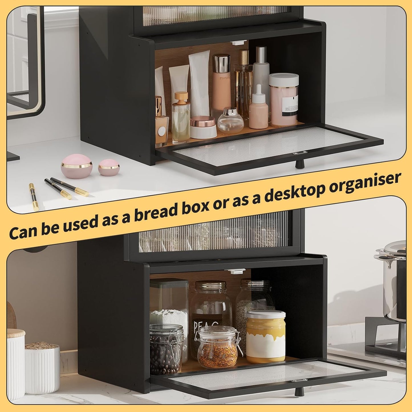 Double Layer Bamboo Bread Box for Kitchen Counter,Bread Holder,Countertop Bread Storage with Window (Black)