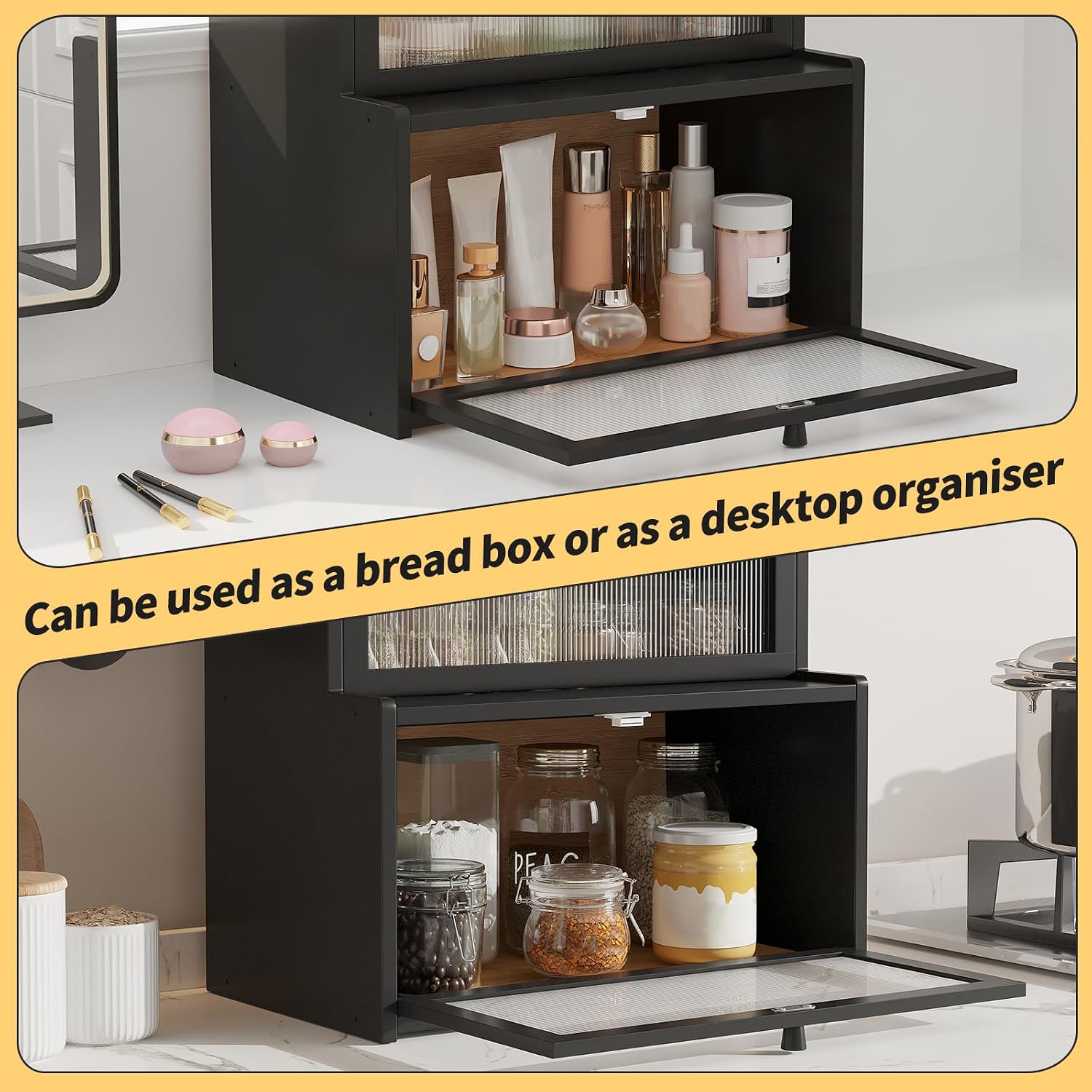 Double Layer Bamboo Bread Box for Kitchen Counter,Bread Holder,Countertop Bread Storage with Window (Black)