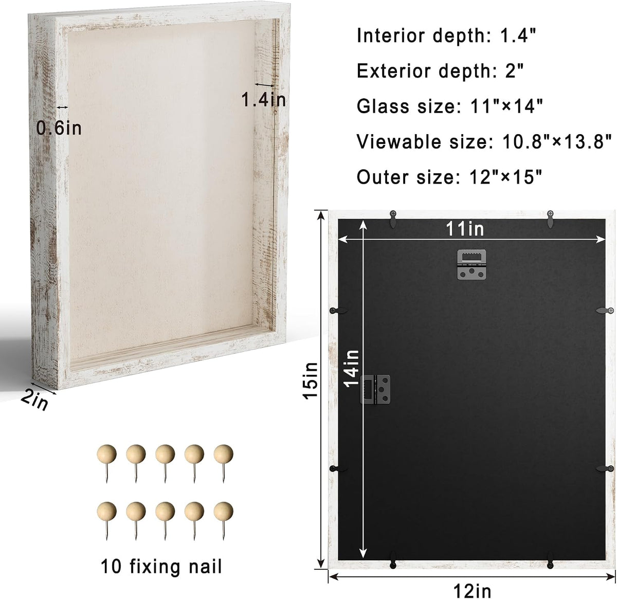 11x14 Shadow Box Picture Frame Display Case with Soft Linen Back, Distressed White Wooden Memory Shadow Box Frame with