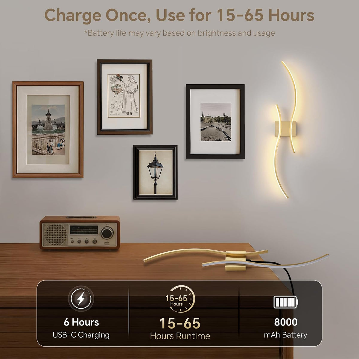Wireless Wall Sconces Set of Two, Dimmable, 3CCT, Up to 65H Runtime | 3 Color Temps, Stepless Dimming, Timer, Modern