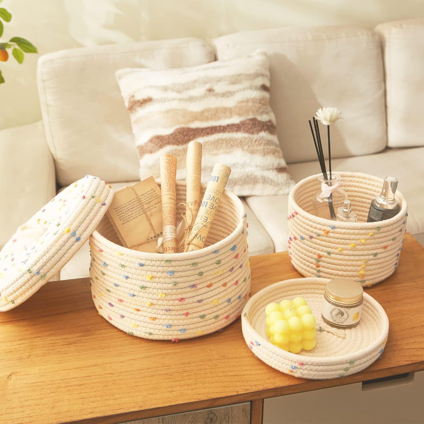 Cotton Rope Woven Storage Basket / Rainbow 2 / Set of 2