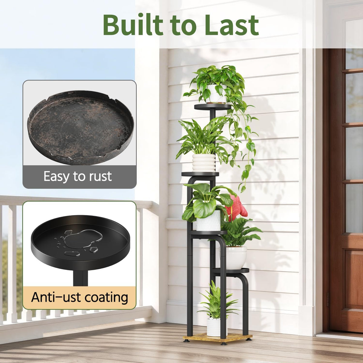 LASZOLA Plant Stand Shelf Tall Indoor Corner, 5 Tier Metal Black | Modern Multiple Flower Display Rack with Metal Tray