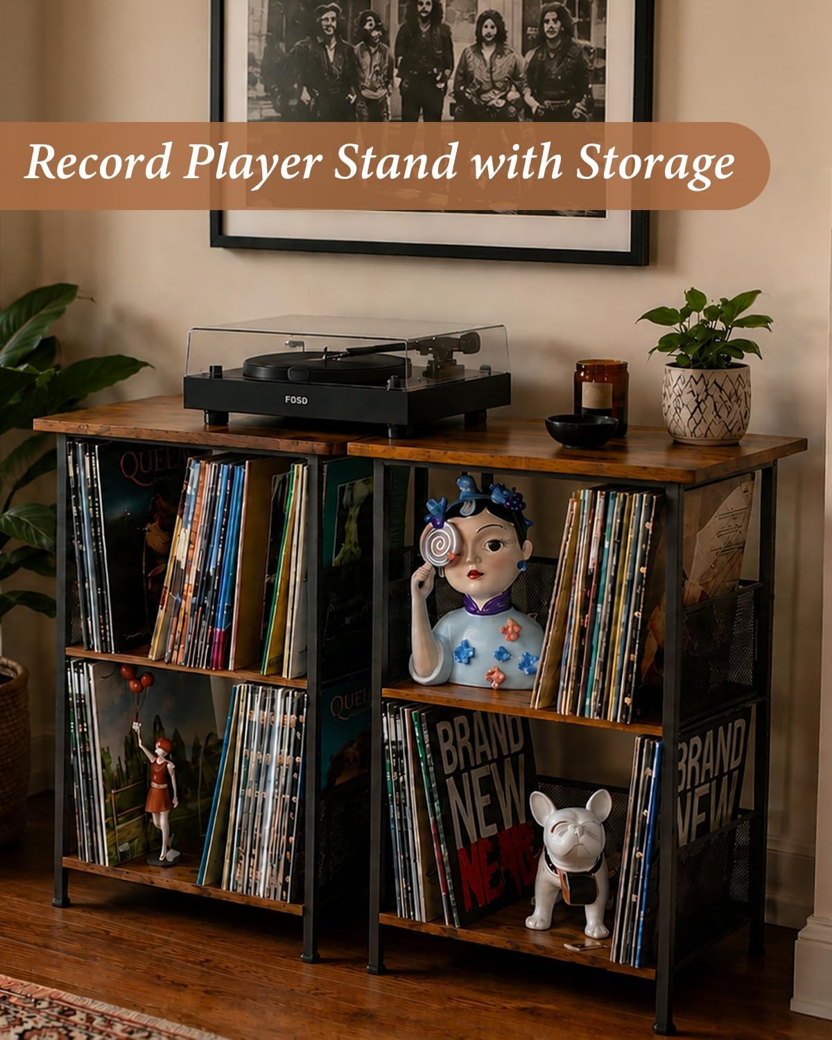 Honkazita 3 Tier Vinyl Record Storage Table Wooden Turntable Stand | holds up to 200 albums, now playing vinyl record
