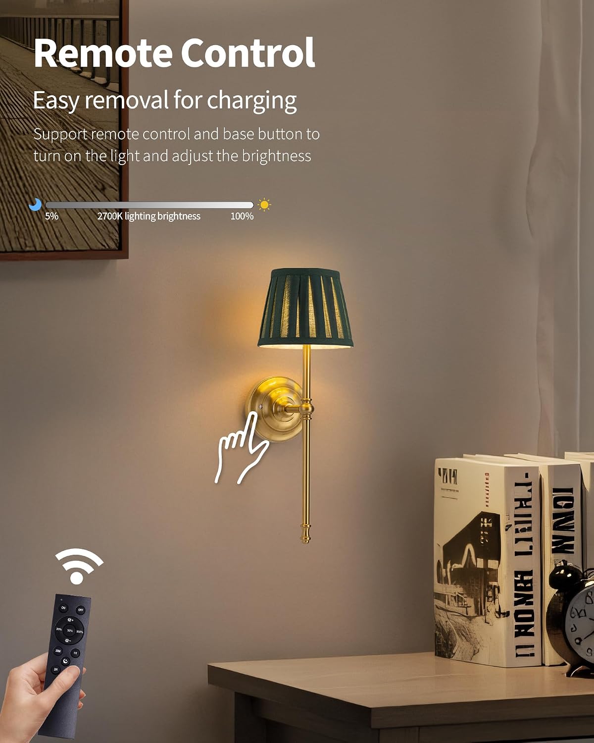 KDG Gold Cordless Wall Sconces Set of 2, Green Fabric LED Wall Lamps | Wireless Small Rechargeable Battery, Portable