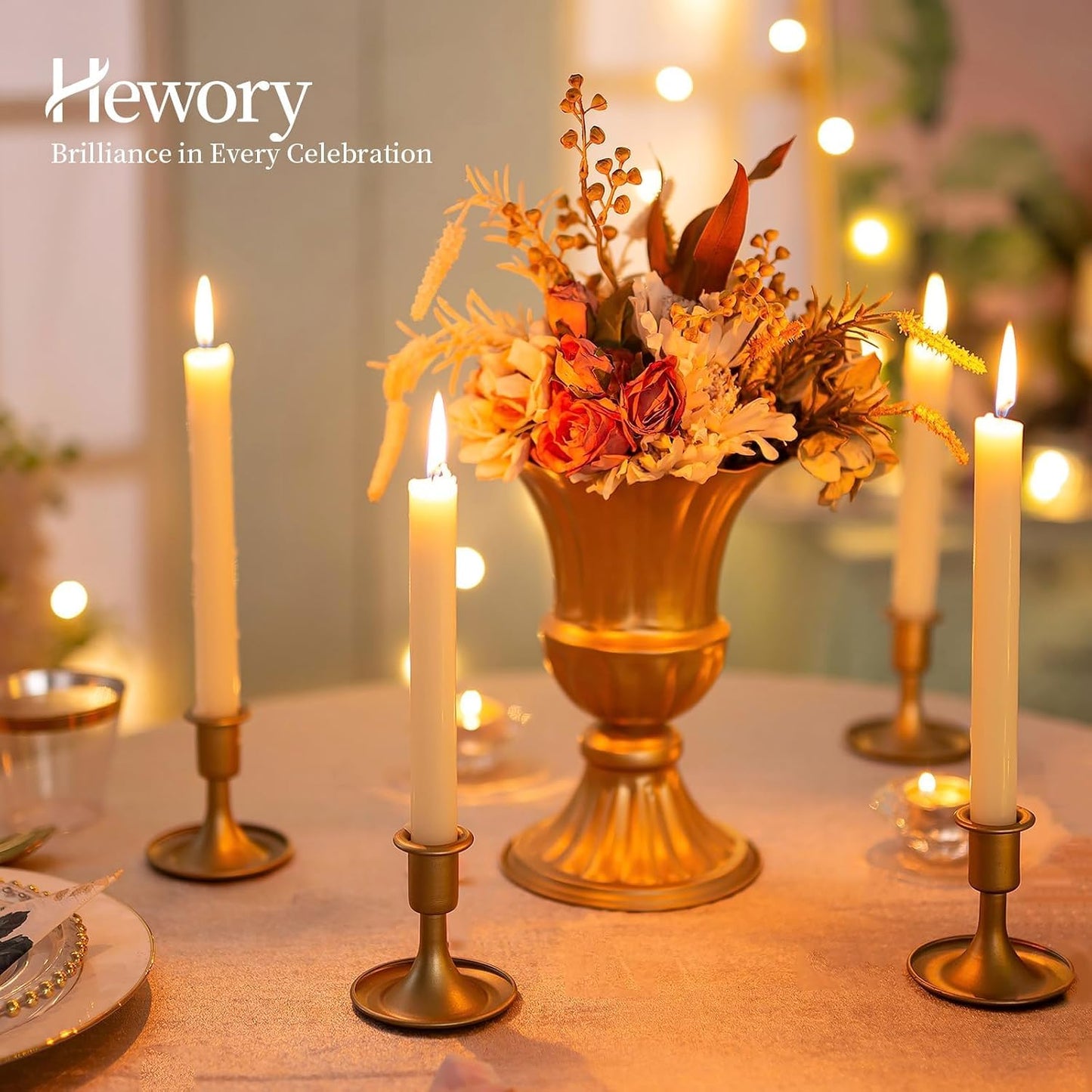 Gold Taper Candle Holder Set of 12, Hewory Short Skinny Brass Candlestick Holders, Vintage Small Low Metal Candles