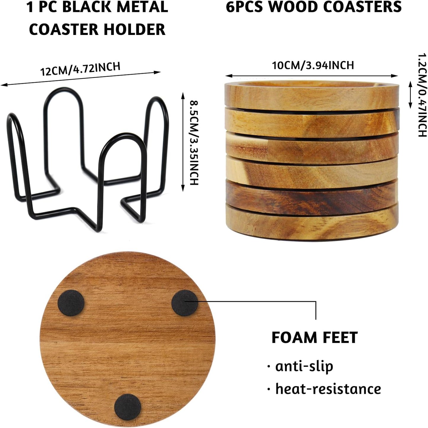 Acacia Wood Coasters / with Holder / Natural / Set of 6
